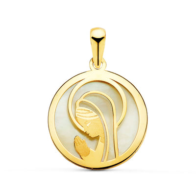 Médaille Or Jaune 18 Carats Nacre Vierge Fille Ronde 17 Mm