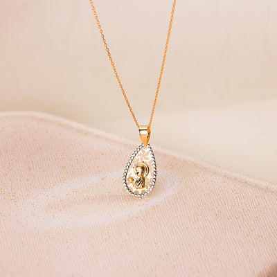 18K Two-Tone Gold Medal Virgin Girl Openwork Carved Edges 19x12 mm