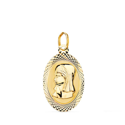 18K Oval Carved Virgin Girl Medal Glossy and Matte 18x12 mm