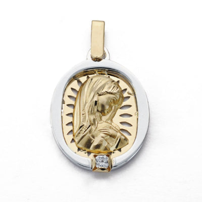 18K Two-Tone Gold Openwork Virgin Girl Medal with Zirconia 24x17 mm