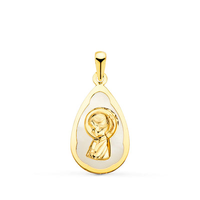 18K Yellow Gold Drop Medal With White Mother Of Pearl And Virgin Girl 19x12 Mm