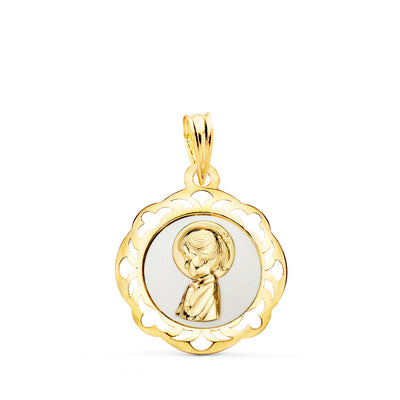 18K Escapulario Oro Amarillo San Benito Monje Matizado Esmalte Azul. Ancho: 20 mm