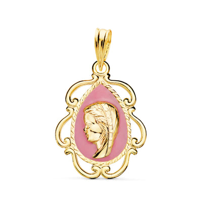 18K Medalla Oro Amarillo Virgen Niña Esmalte Blanco y Cerco Calado en Brillo 22X16 mm