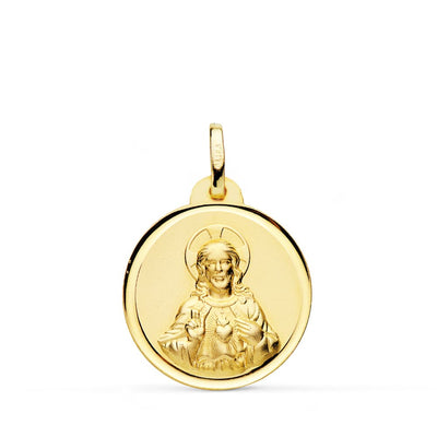18K Medalla Oro Amarillo Cristo Sagrado Corazon De Jesus Bisel 14 mm