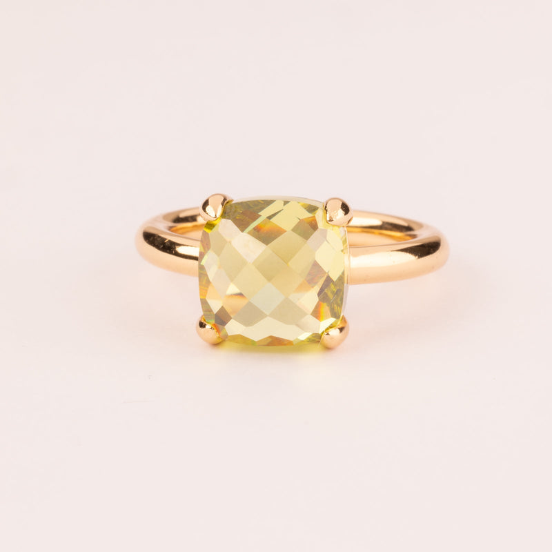 Colorful ring with cushion-cut peridot zircons