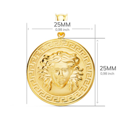 18K Yellow Gold Medusa Medal with Shaded Greek Key Border 25mm