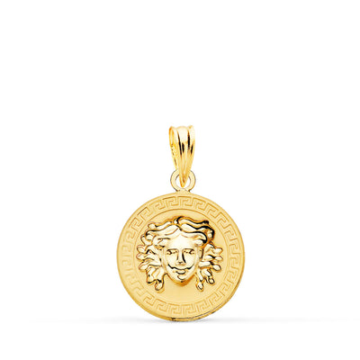 18K Yellow Gold Medusa Medal In Shine With Shaded Greek Border 15mm