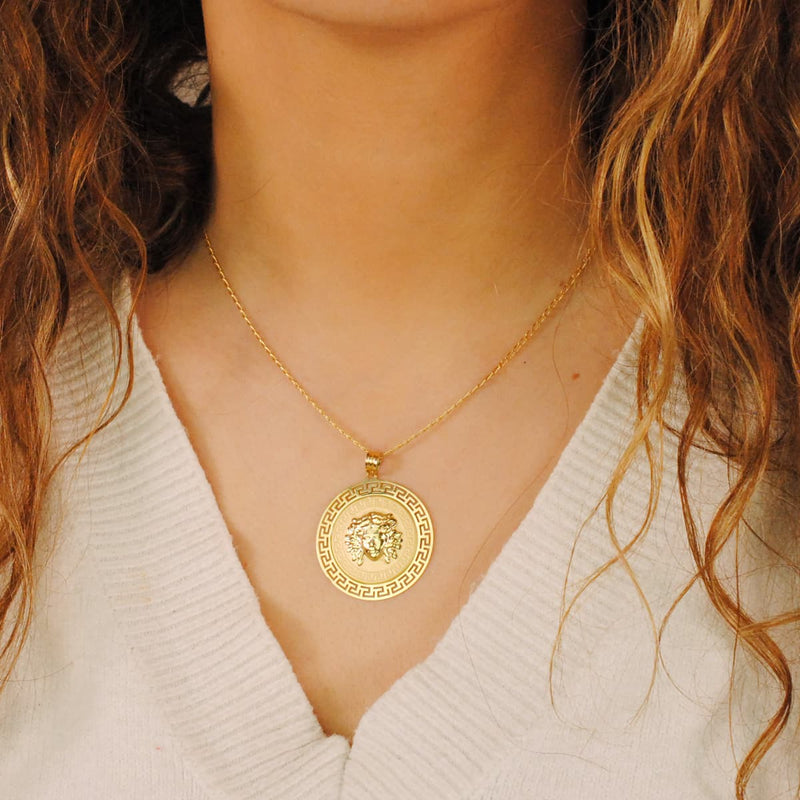 18K Yellow Gold Medusa Medal With Openwork Border And Shaded Greek Key 33 mm