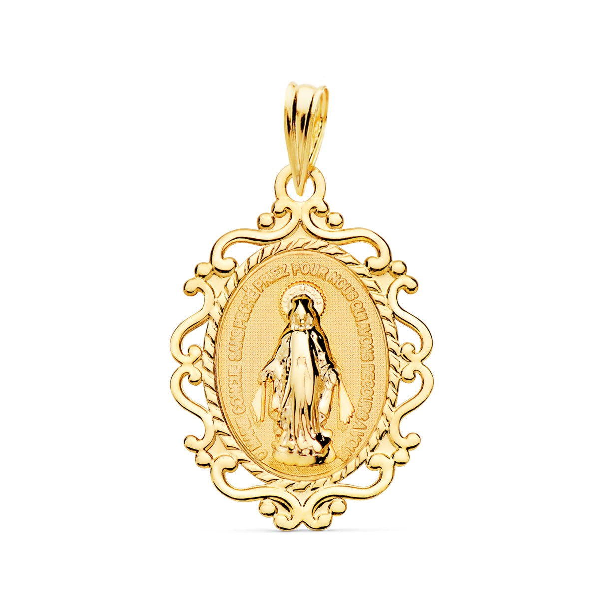 18K Medal Miraculous Virgin Filigree Frame with French Shine 23 x 