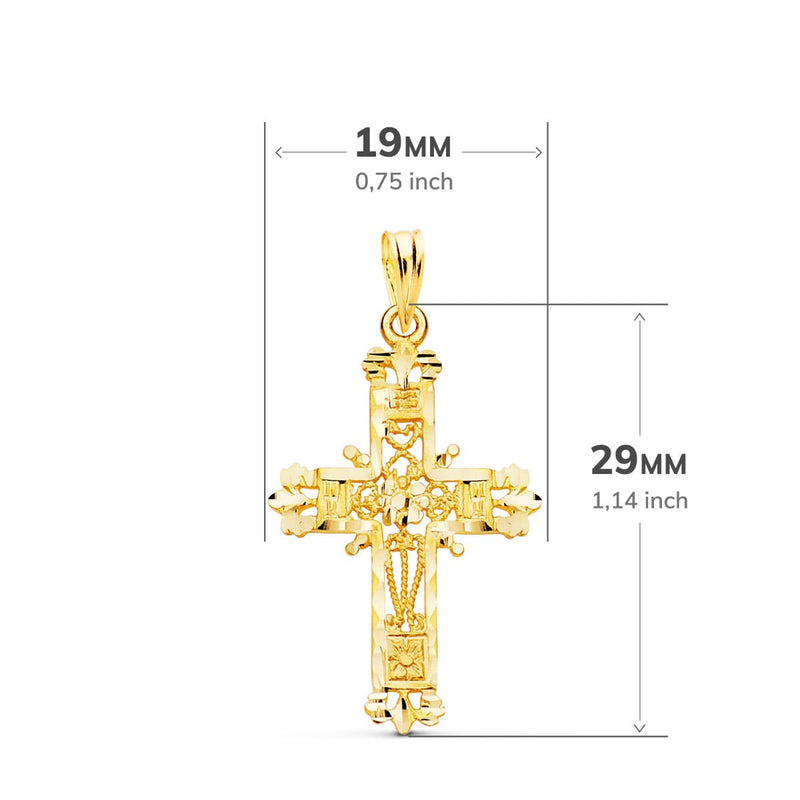 18K Yellow Gold Cross Filigree Carved Edges. 29x19 mm