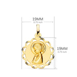 18K Yellow Gold Medal Tambourine Virgin Girl Profile Shaded and Openwork 19 mm