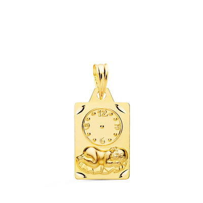 18K Rectangle Medal Child Of The Hour With Carved Clock 19x11 Mm