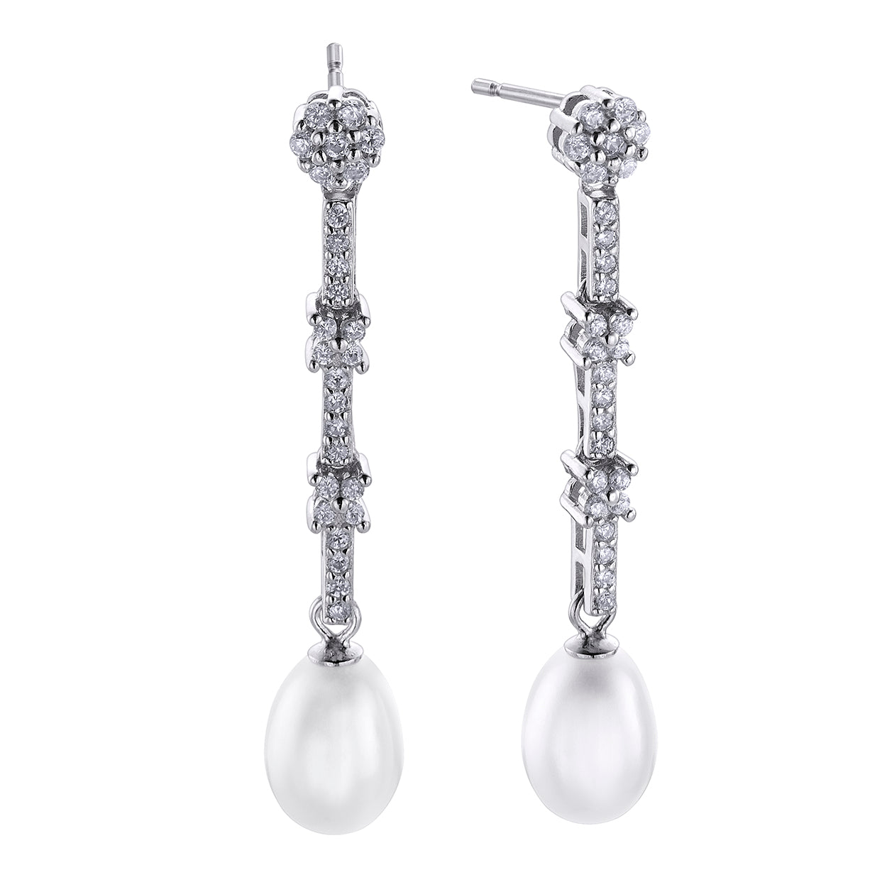 Silver Earrings with Rosette, Pearl, and Bar with Pave Crosses and Zirconias
