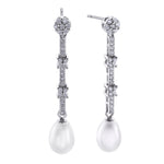 Silver earrings with rosette, pearl and bar with pave crosses and zircons