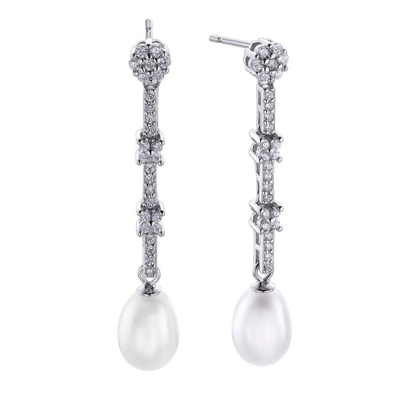 Silver earrings with rosette, pearl and bar with pave crosses and zircons