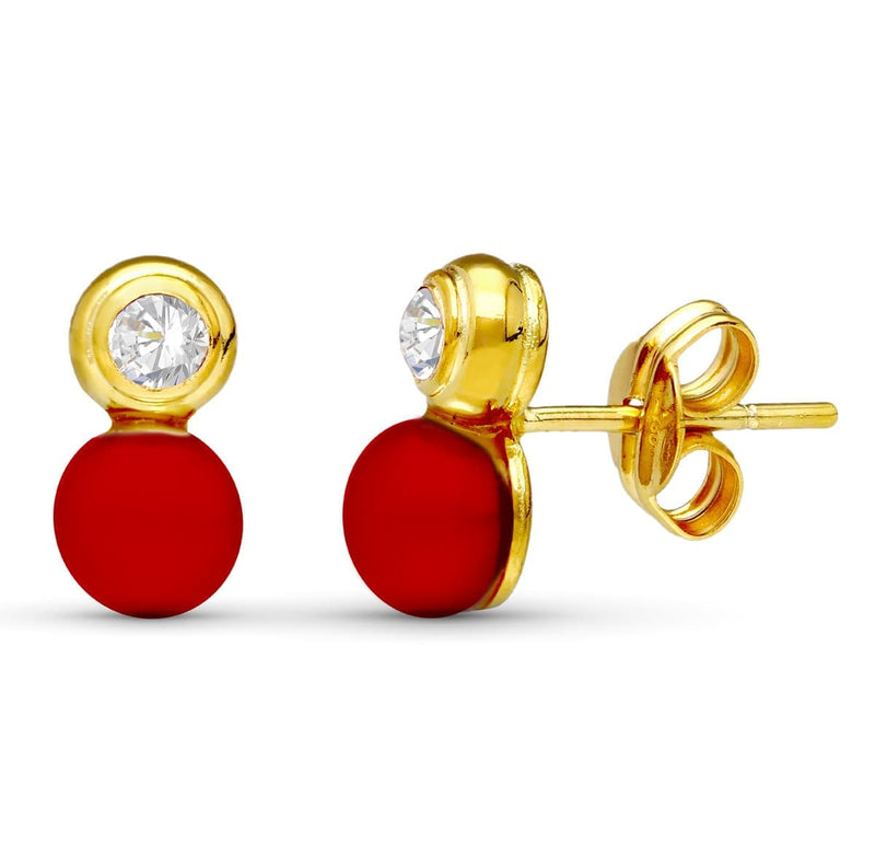 18K Yellow Gold Coral and Zirconia Earrings 10X5 mm