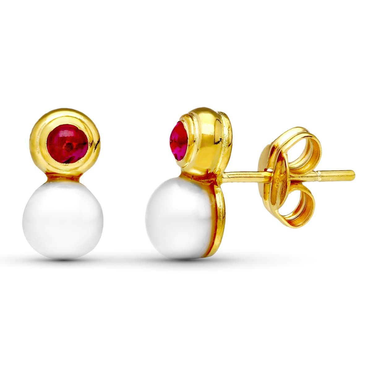 18K Yellow Gold Earrings Pearl and Red Stone 10X5 mm