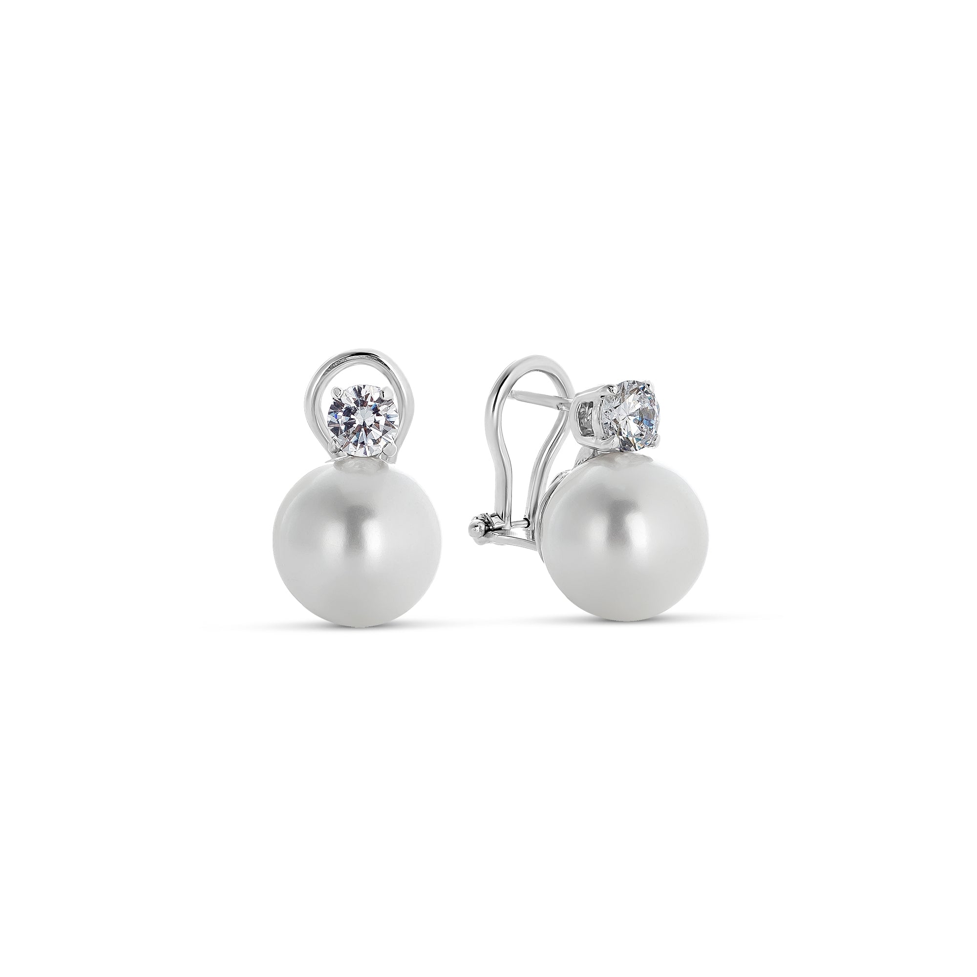 12mm Shell Pearl and Zirconia Earrings in Silver with Clip Closure