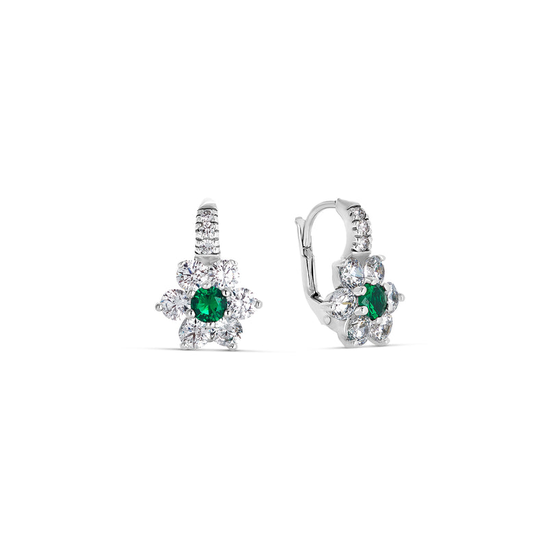Silver and Zirconia Emerald Flower Earrings