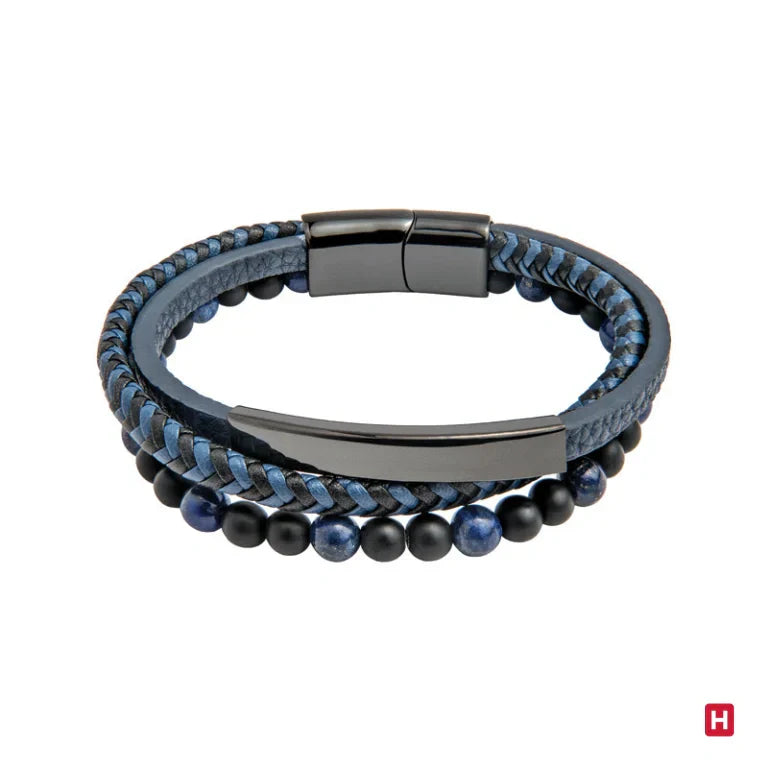 Men's Triple Black Rhodium Steel Bracelet, Light Blue Leather and Natural Stones