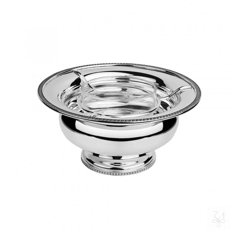 Caviarera con pie modelo Impero de plata de ley 925 con cuenco de cristal