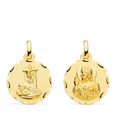 18K Scapular Medal of the Virgin of Sorrows and the Heart of Jesus Carved 18 mm