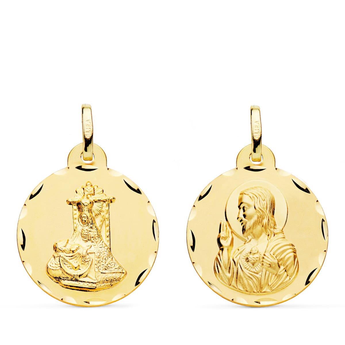 Médaille scapulaire Vierge des Angoisses et Cœur de Jésus gravée 18K 20 mm