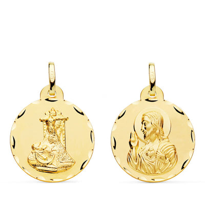18K Scapular Medal of the Virgin of Sorrows and the Heart of Jesus Carved 20 mm