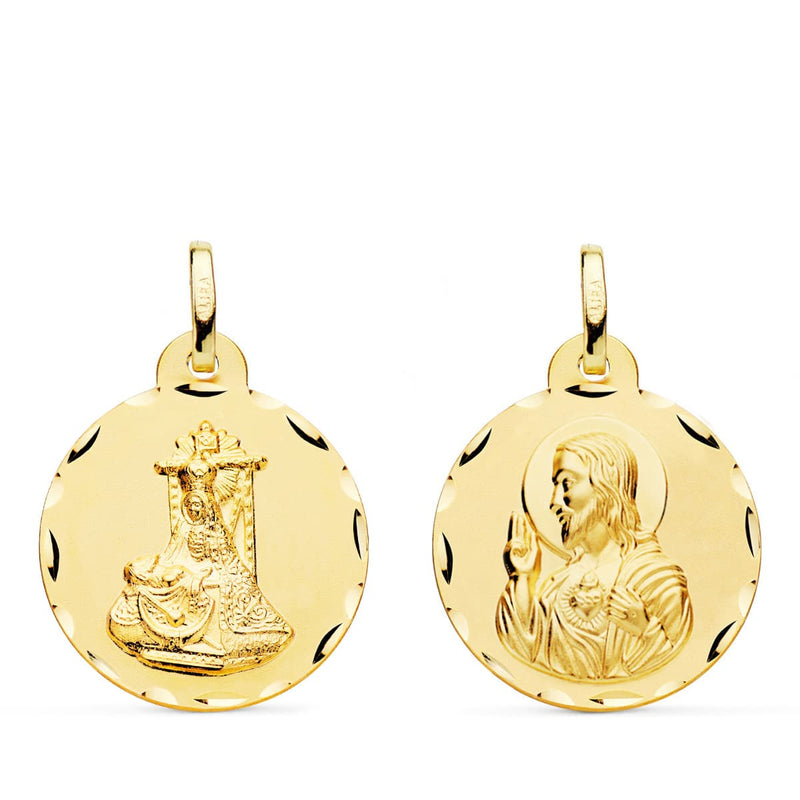 18K Scapular Medal of the Virgin of Sorrows and the Heart of Jesus Carved 20 mm