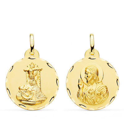18K Scapular Medal of the Virgin of Sorrows and the Heart of Jesus Carved 22 mm