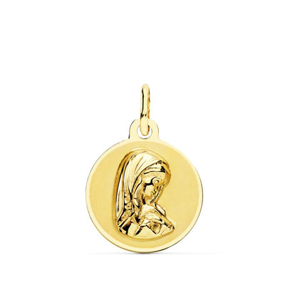 18K Yellow Gold Round Medal Virgin Girl Shiny and Matte 14 mm