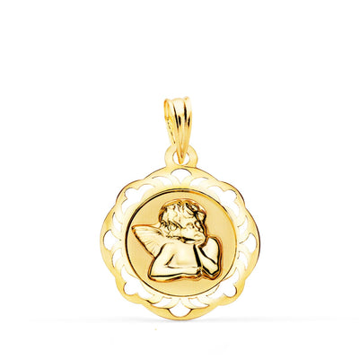 18K Shiny Burlon Angelito Medal With Openwork Frame 17X17 Mm