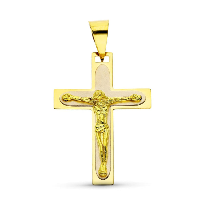 18K Cross With Christ Matte And Shiny Yellow Gold