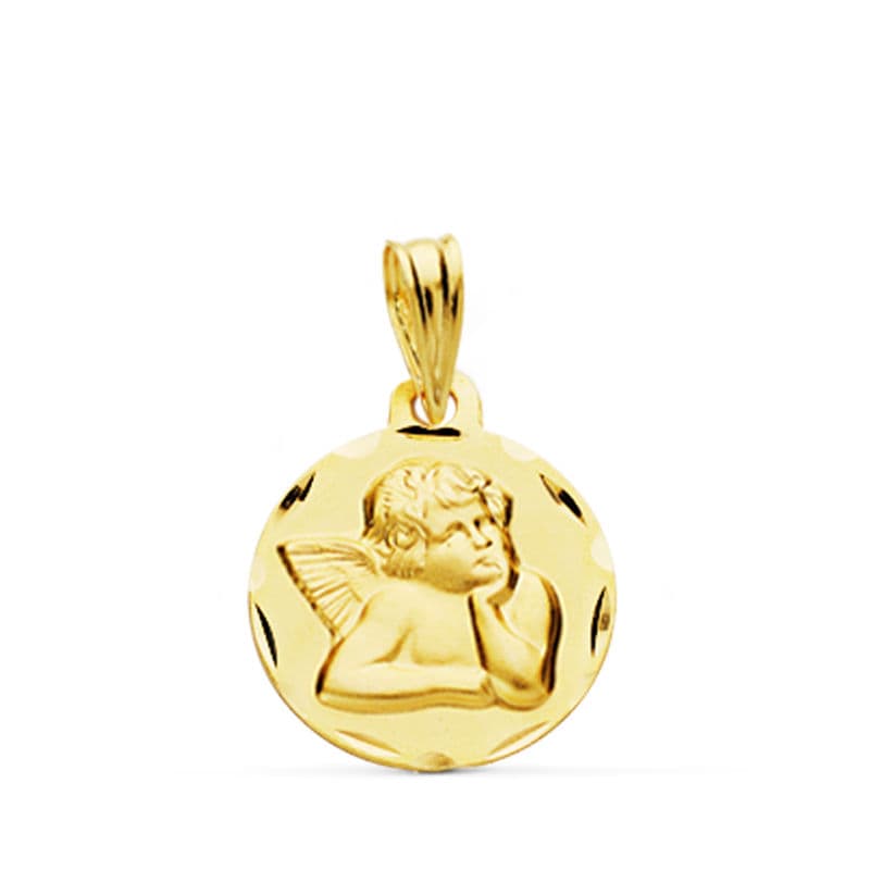 18K Yellow Gold Medallion Playful Little Angel Light Carved 14 mm