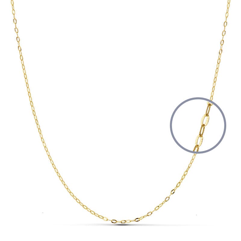 18K Yellow Gold Chain Oval Carved Links. Width: 1mm Length: 38 cm