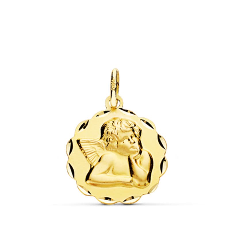 18K Yellow Gold Medal Little Mischievous Angel Carved Arches 14 mm Lightweight