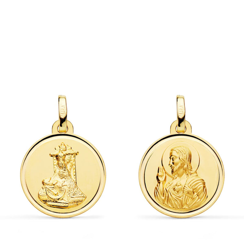 18K Medal Scapular Virgin of Sorrows and Heart of Jesus Bezel 16 mm