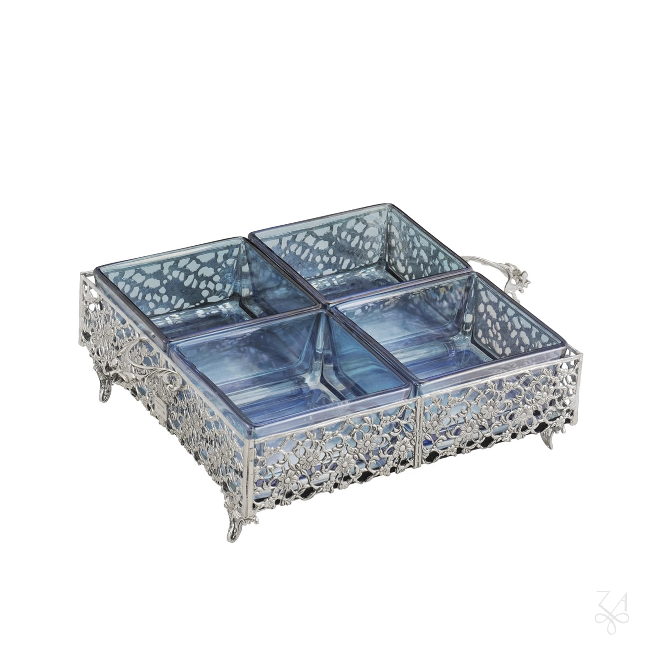 Entremesera cuadrada modelo Flor de plata de ley 925 con cuatro cuencos de cristal
