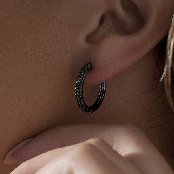 Hoop Earrings Ruthenium Plated Black Zirconia Medium Model 20 mm