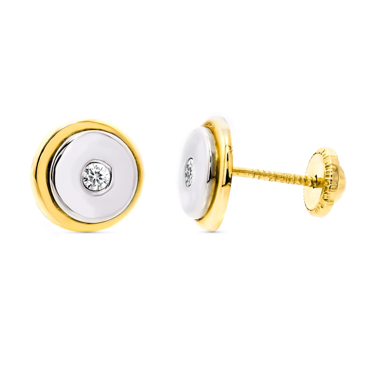 18K Bicolor Gold Round Earrings 8 mm Screw Closure