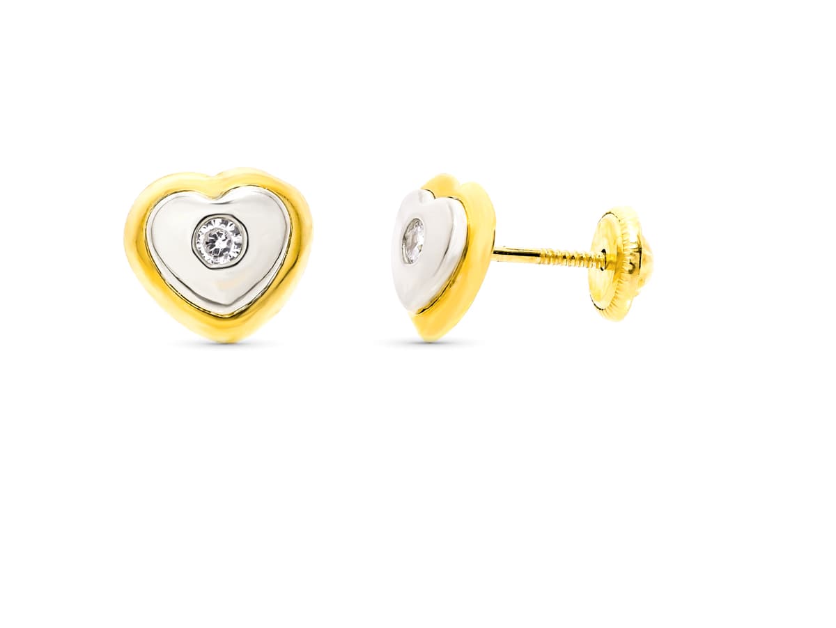 18K Bicolor Gold Heart Earrings 8X7 mm Screw Closure