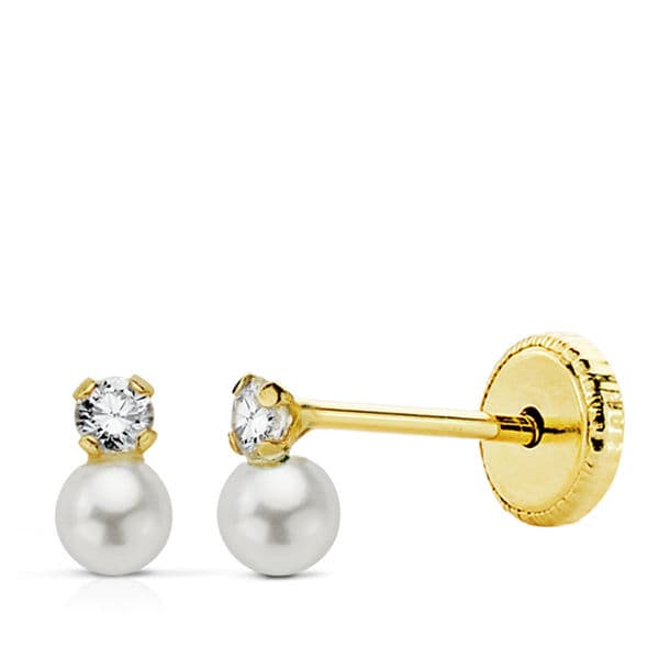 18K Yellow Gold Pearl Earrings with 5x3 mm Zirconia. Nut Closure