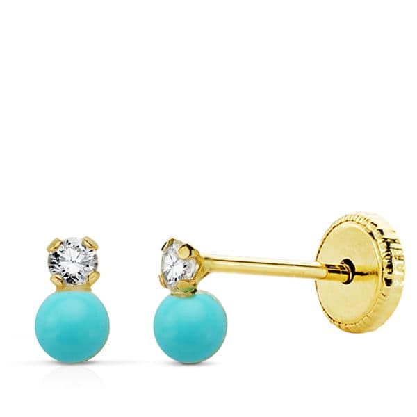 18K Yellow Gold Earrings You and Me Zirconia and Turquoise 5x3 mm. Nut Closure
