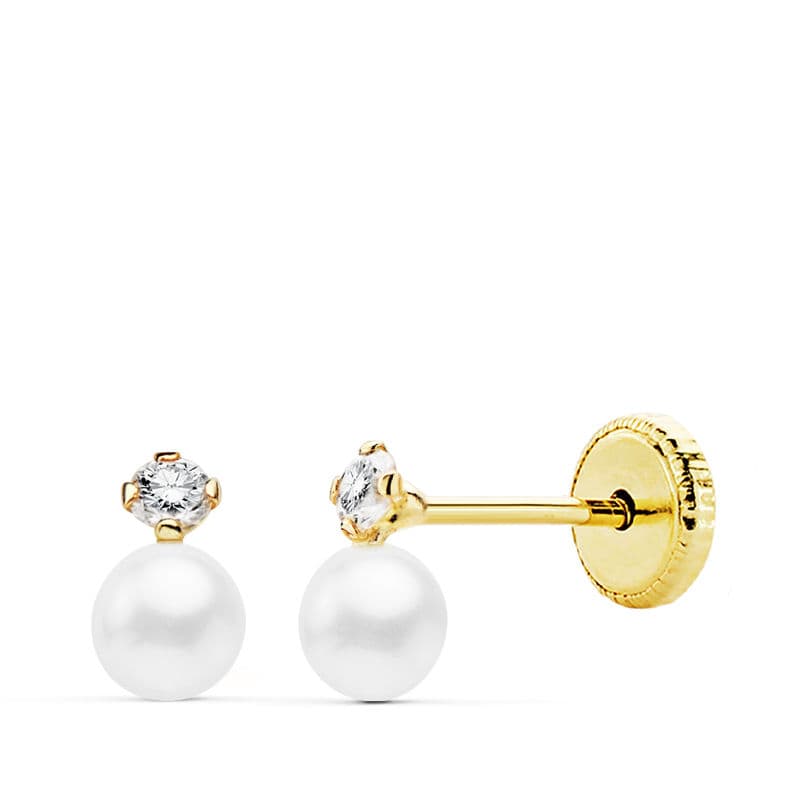 18K Yellow Gold Earrings Pearls and Zirconia in Claws 6 x 3.5 mm. Nut Closure