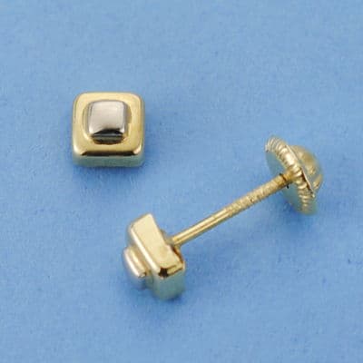 18K Bicolor Gold Square Earrings 4X4 mm