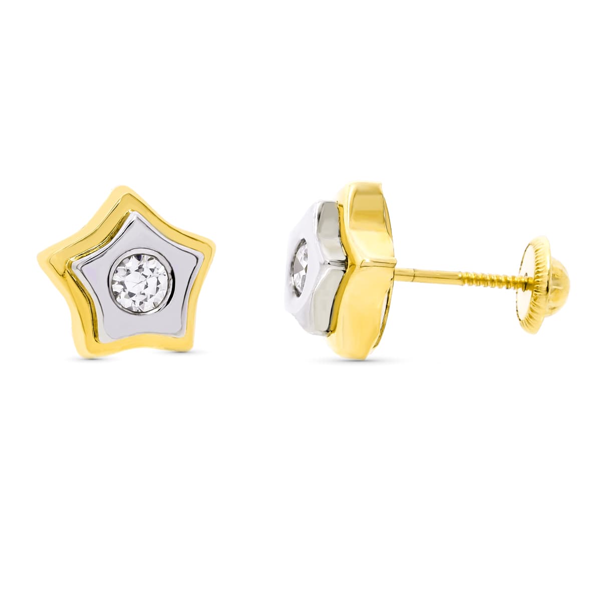 18K Pendientes Oro Bicolor Estrella 9X9 mm Cierre Rosca