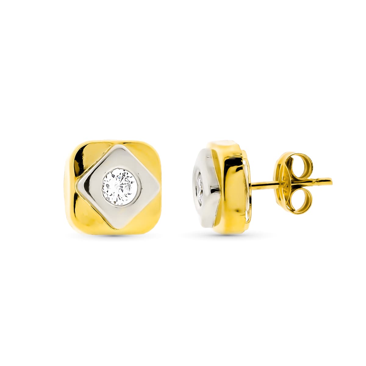 18K Pendientes Oro Bicolor Cuadrados 8X8 mm