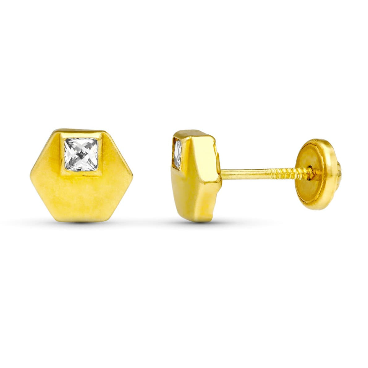 18K Yellow Gold Hexagon Earrings. 6X6 mm