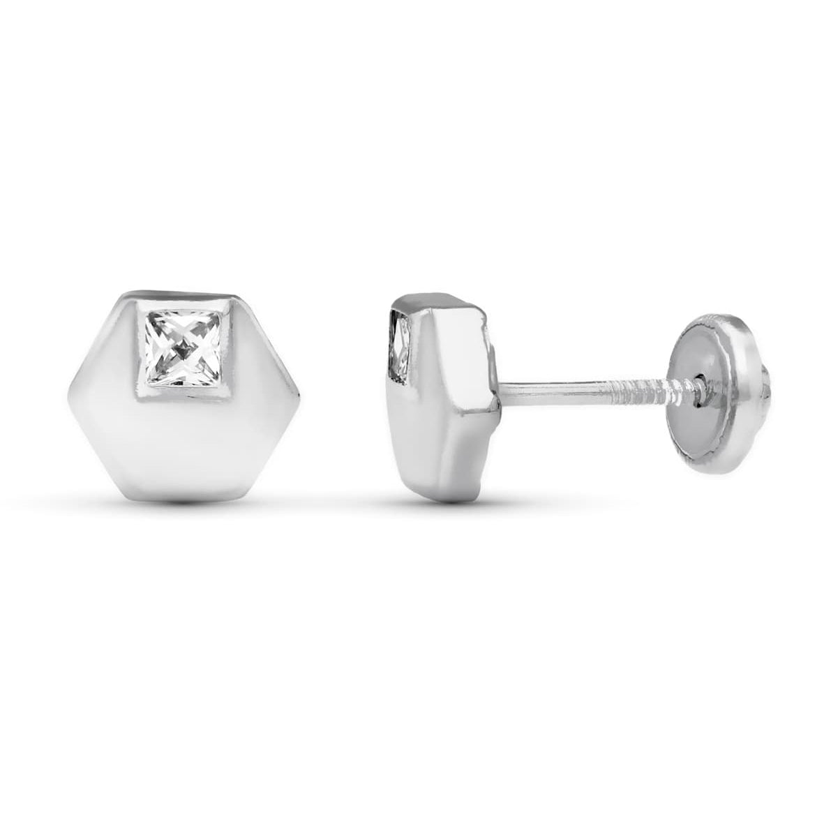 18K White Gold Hexagon Earrings 6 mm White Gold