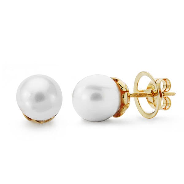 18K Yellow Gold Earrings Cultured Pearl 10 mm Push Back Closure